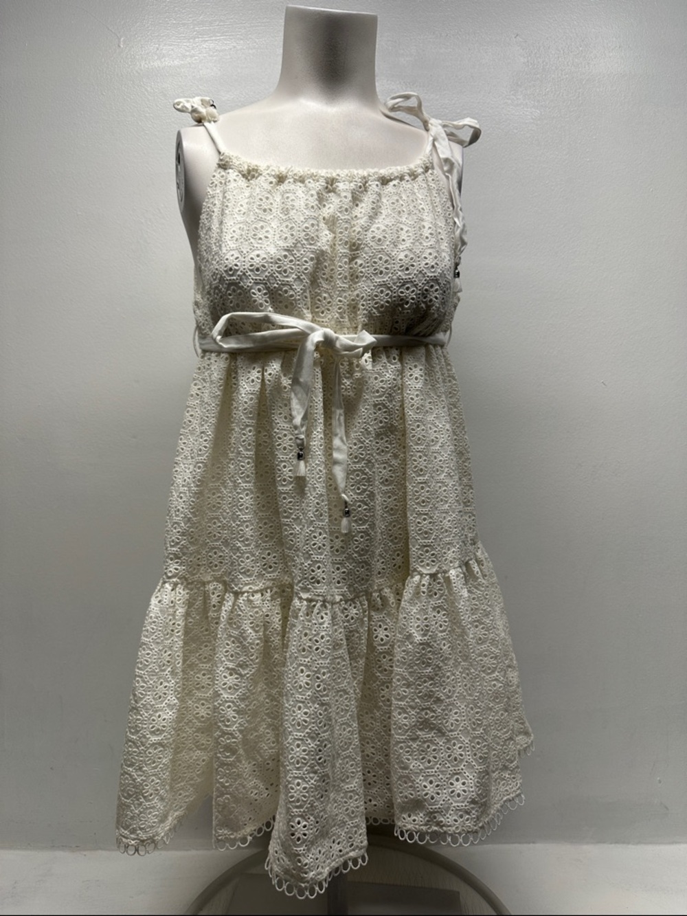 Zimmermann Dress Eyelet Floral Cotton Self Tie Shoulder Sleeveless White Size 6